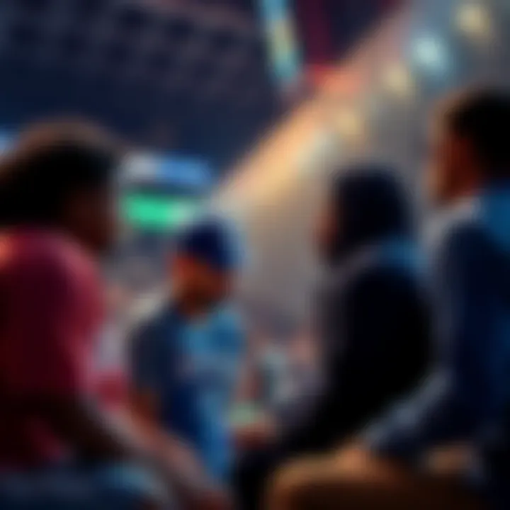 A group of friends discussing bets after a Duke basketball game, showing mixed emotions