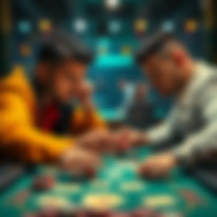 Two players focused on their cards at a gaming table, aiming for high stakes in a competitive setting.