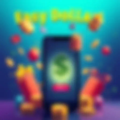 Easy Dollar Purchase An illustration showing a smartphone displaying a dollar sign with a fast withdrawal icon, surrounded by game symbols and prizes.