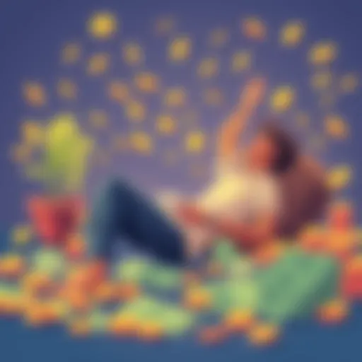 An illustration showing a person relaxing with cash flow elements like coins and bills around them, symbolizing stress-free ways to earn money.