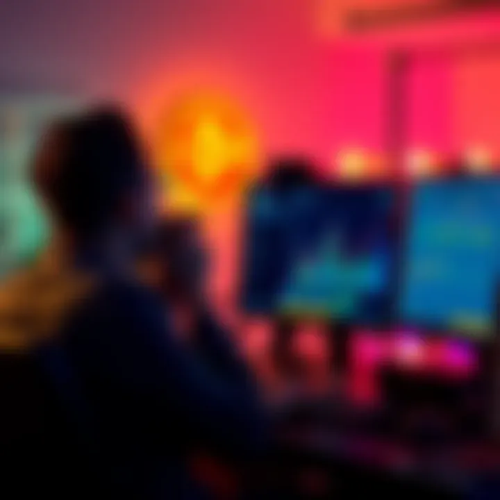 A person excitedly looking at a computer screen showing profit gains from staking