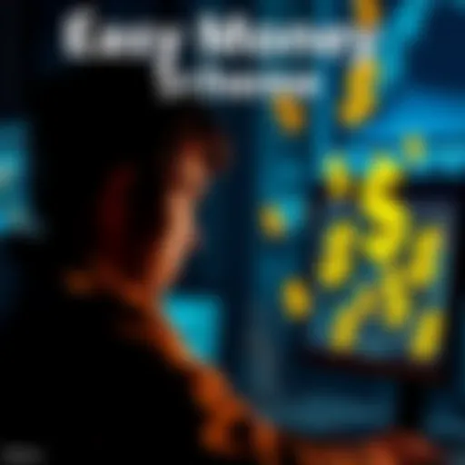 A person looking at a computer screen with dollar signs and a confused expression, symbolizing the search for easy money.