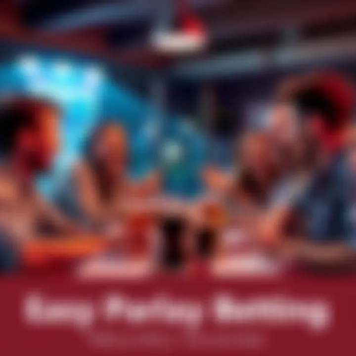A group of friends gathered around a table, excited while discussing their betting strategies, with betting slips and drinks in front of them.
