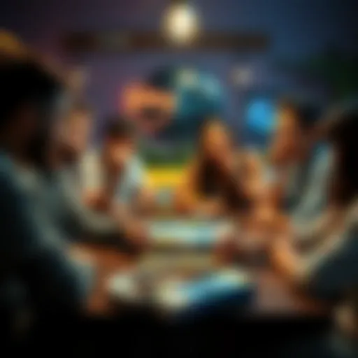 A group of friends playing a board game with snacks on the table, one friend is eating while looking at the game