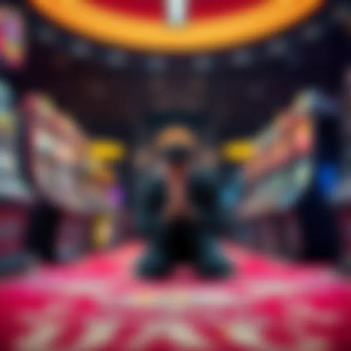 A person kneeling with hands clasped, surrounded by casino games and colorful slot machines, expressing a heartfelt wish for a big win.