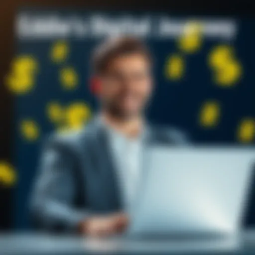 A portrait of a successful businessman, Eddie, smiling confidently with a laptop and dollar signs in the background, symbolizing his rise to billionaire status through the internet.