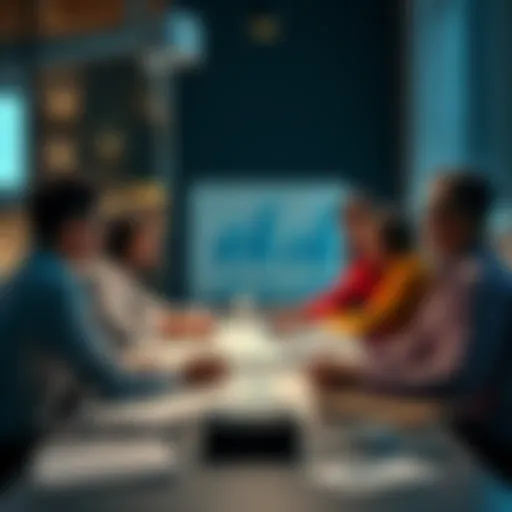 A group of people discussing a strategy session with charts and notes on the table.
