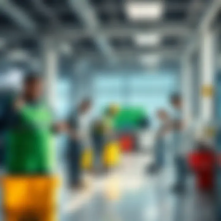 A team of workers using modern cleaning tools in a bright, organized workspace
