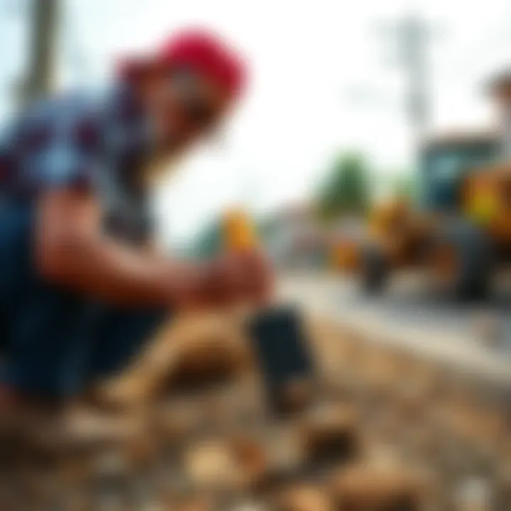 An elderly man working hard on a small road construction project, showcasing determination and creativity.