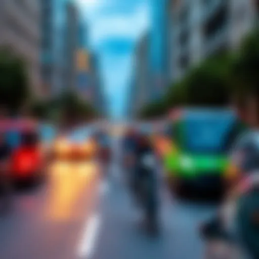 A busy city street filled with electric vehicles, bicycles, and pedestrians, showcasing modern transport methods.