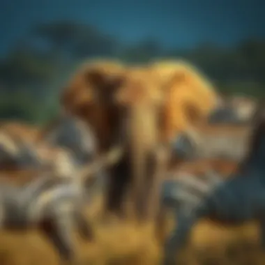 An orphan elephant named Wangalla surrounded by zebras in a natural setting, representing the connection between generosity and wildlife support.