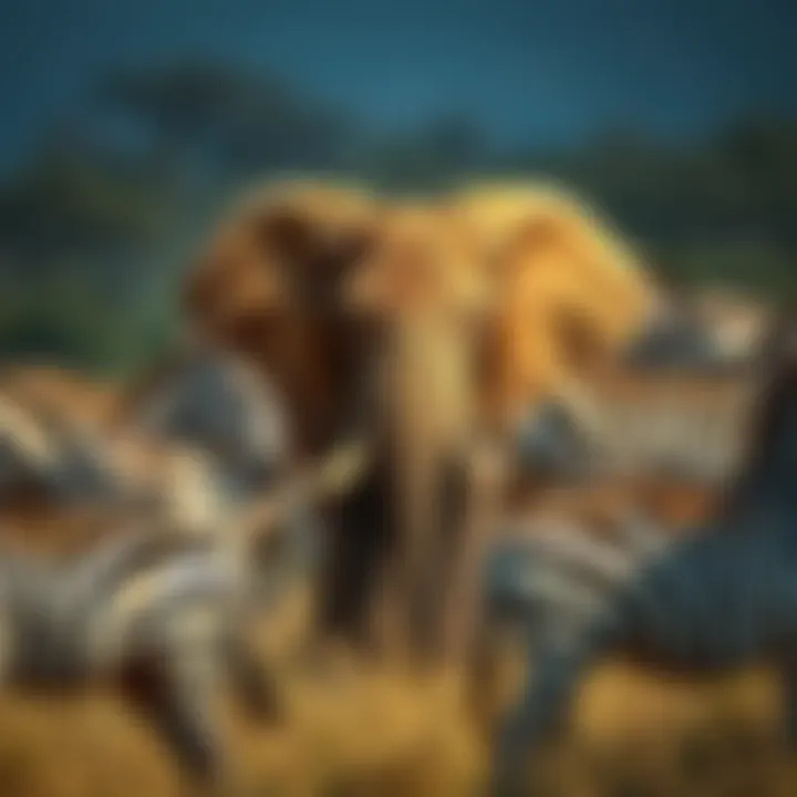 Elephant Wangalla among zebras An orphan elephant named Wangalla surrounded by zebras in a natural setting, representing the connection between generosity and wildlife support.