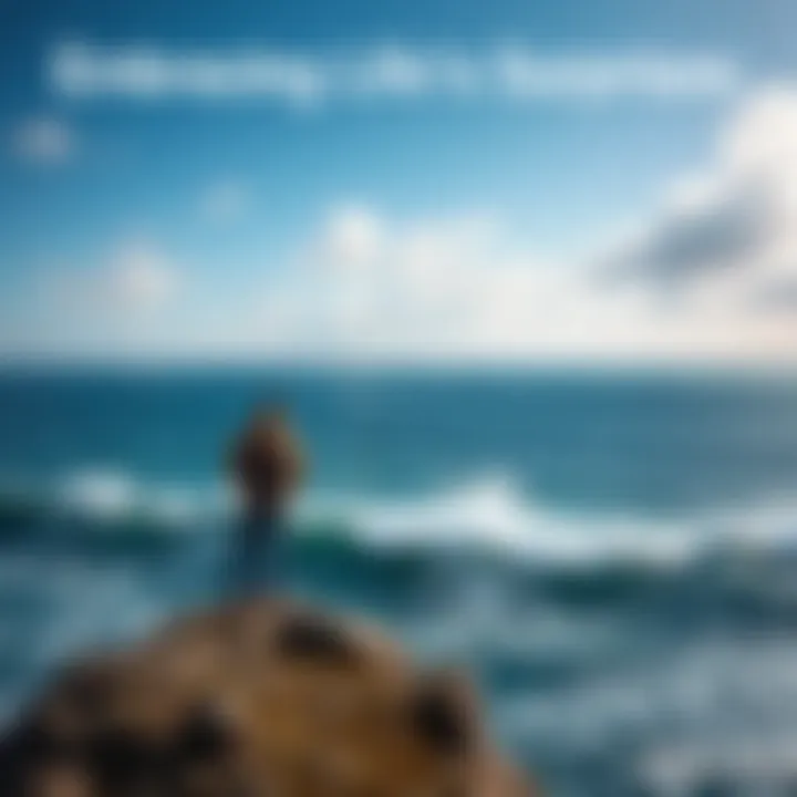 A person standing on a cliff looking out at a vast ocean with waves crashing, symbolizing acceptance of life's unpredictability.