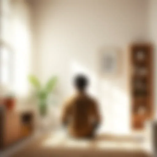 Embracing Simplicity A person enjoying a peaceful moment in a simple, uncluttered room with soft lighting and plants.