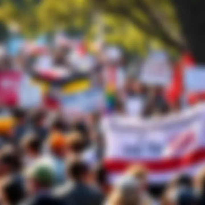 A diverse group of people gathered at a rally, holding signs and banners promoting a new political movement in the USA, showcasing unity and activism.