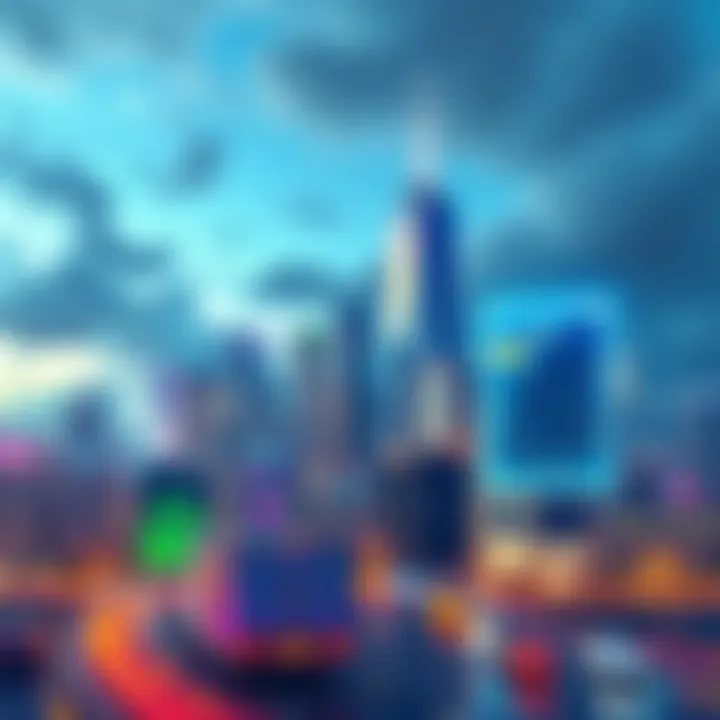 A futuristic city skyline with digital interfaces representing emerging technologies impacting the economy.