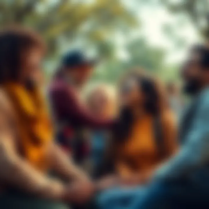 A group of diverse people sharing moments of joy and support together in a park, representing emotional connections.