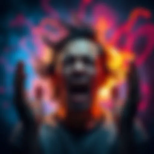 A person with a pained expression, hands raised in frustration, surrounded by swirling colors representing intense emotions