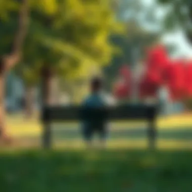 Emotional Healing Journey A person sitting on a bench in a park, looking contemplative while surrounded by nature, symbolizing the path to emotional healing.