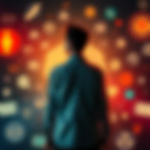 A person standing in a thoughtful pose, surrounded by various symbols representing deep emotions
