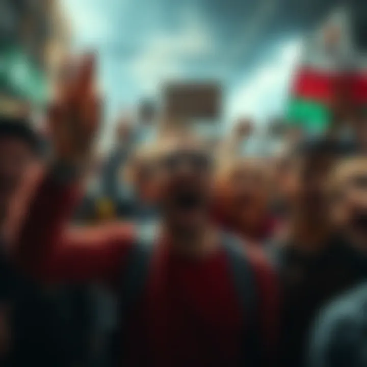 Emotional Outburst A group of people expressing frustration and anger in a public setting, showcasing their emotions amidst a tense atmosphere.