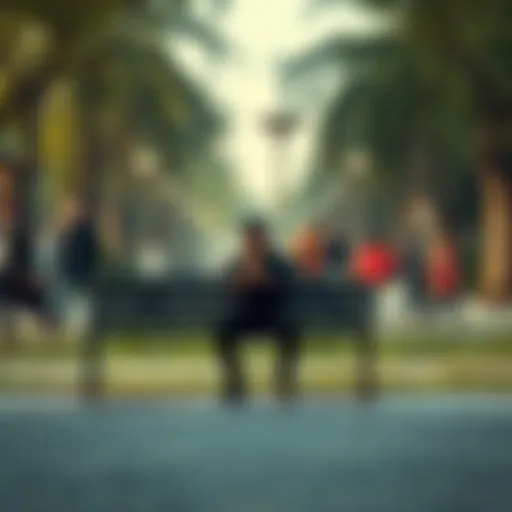 Emotional Pain A person sitting alone on a bench, looking down with a pained expression, surrounded by a busy park with people passing by.