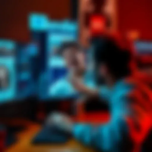 A person expressing frustration in front of a computer, with social media posts displayed on the screen, capturing intense emotions.