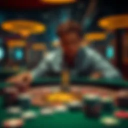 A distressed individual sitting at a casino table, surrounded by empty chip trays, showing emotional turmoil after losing money.