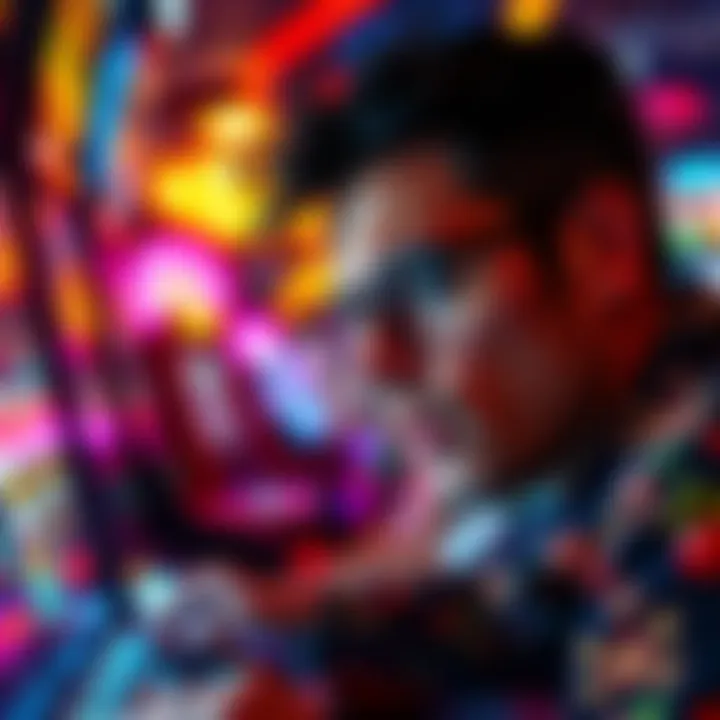 A slot player with intense focus and excitement in their eyes while playing a machine. The surrounding lights and sounds of the casino add to the atmosphere.