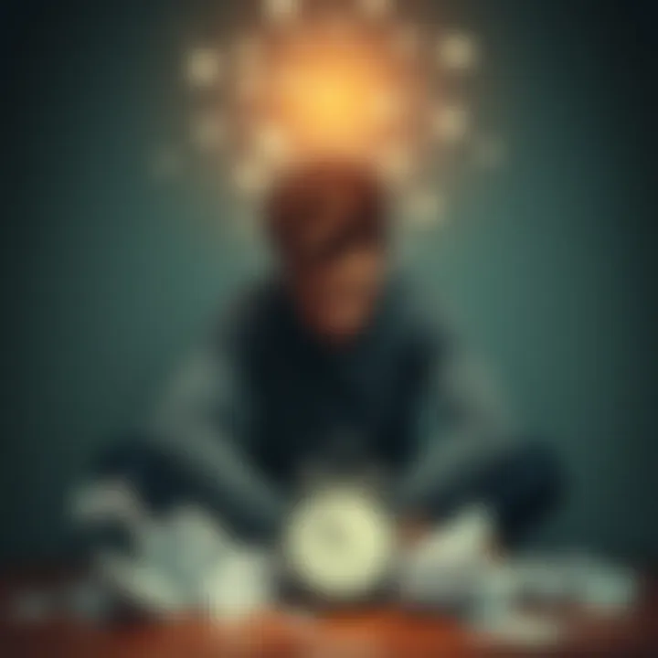 Emotional Struggle A person sitting alone, looking overwhelmed with thoughts on their face, surrounded by crumpled papers and a clock showing late hours.