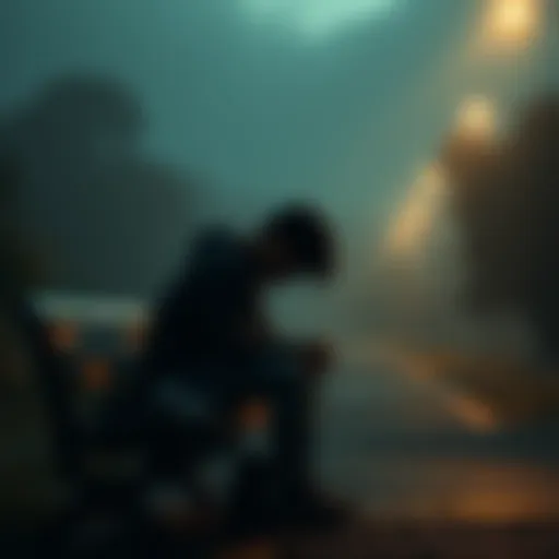 A person sitting on a bench with their head down, reflecting on their struggles, surrounded by a gloomy atmosphere.