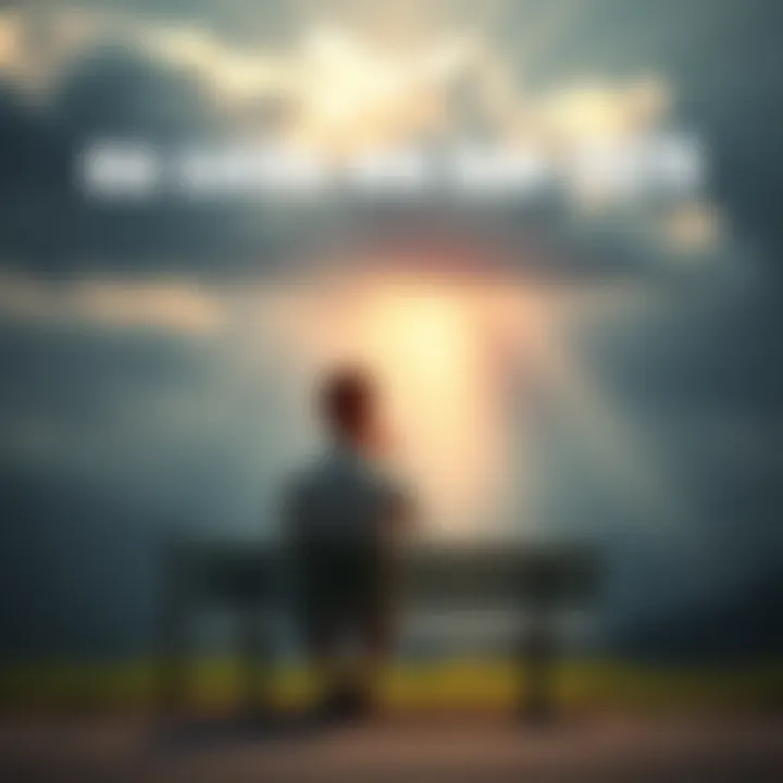 A person sitting on a bench, looking thoughtful, with a cloudy sky above representing emotional struggles, and a bright light breaking through, symbolizing hope and healing.