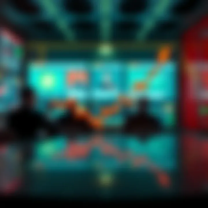 A graph showing a downward trend in cryptocurrency values, with worried investors looking at screens in the background.