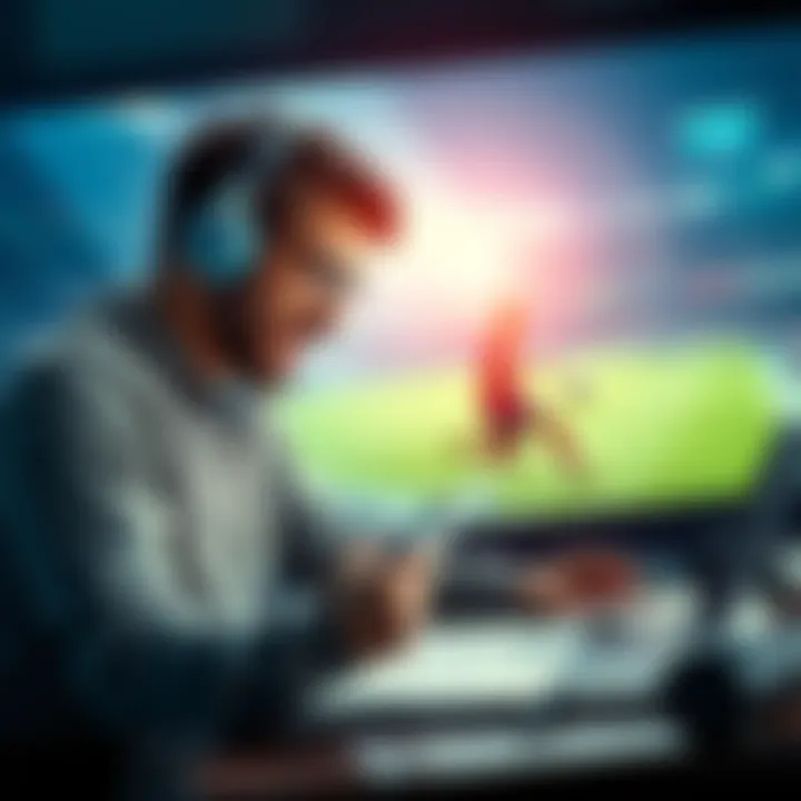 A passionate writer analyzing a football match with notes and a laptop, showcasing enthusiasm for sports.