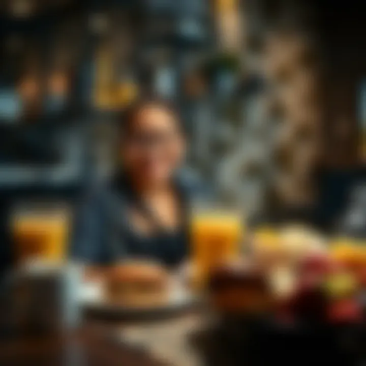 A person smiling while having a free breakfast spread on a table with coffee, pastries, and fruits