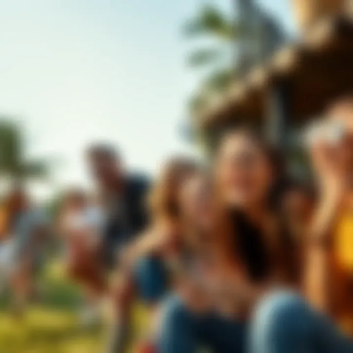 A group of people engaging in various fun activities outdoors, smiling and having a good time.