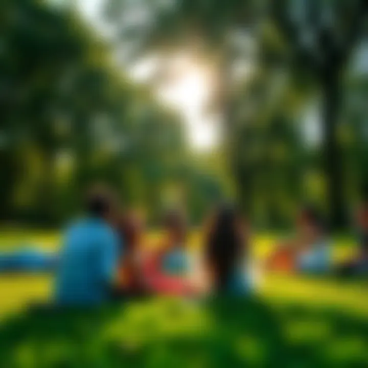 People laughing and relaxing in a green park surrounded by trees and sunlight, representing joy and connection with nature on a Sunday.