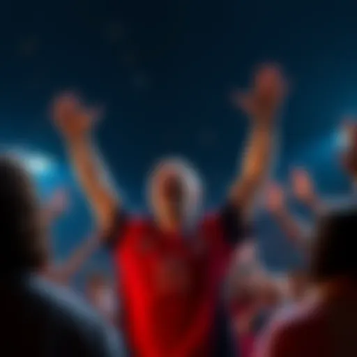 A person cheering with arms raised in excitement after winning a bet, surrounded by friends celebrating.