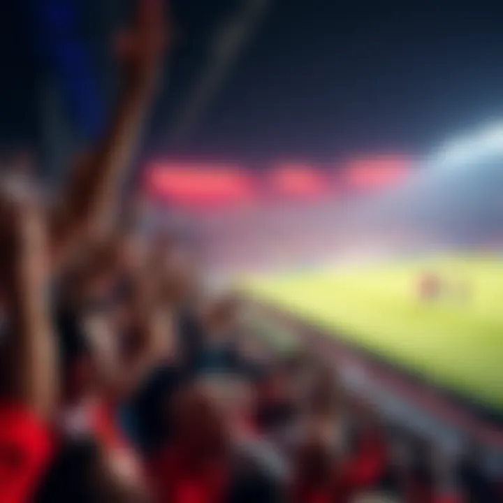 Fans cheering passionately during an English Premier League match with players on the field