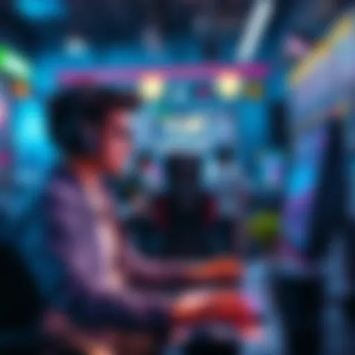 A gamer analyzing esports betting strategies with charts and a computer in a lively chat environment