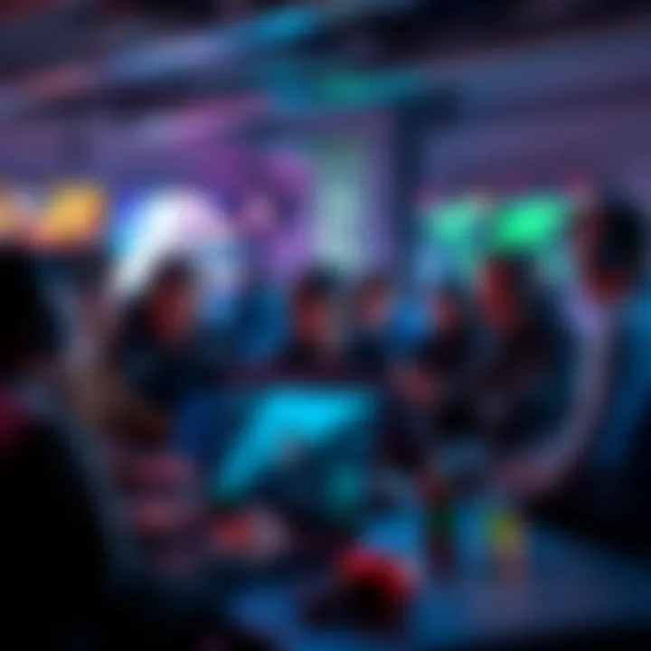 A group of people discussing eSports betting strategies and tips with laptops and gaming gear in a lively setting.