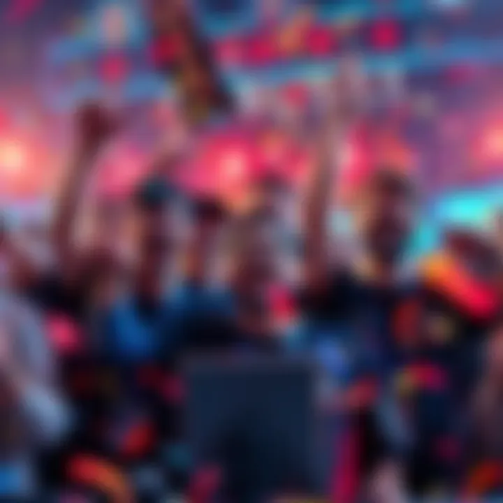 A gaming team celebrating after a victory, with confetti and smiles, symbolizing success in esports.