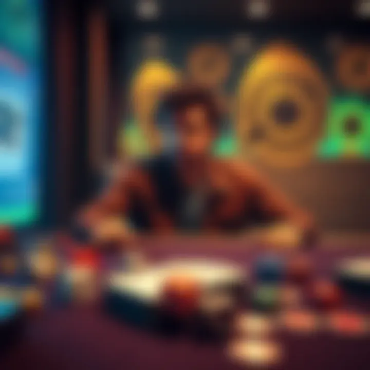 A person sitting at a table with various gaming dice and cards, looking thoughtfully while considering limits on gambling.