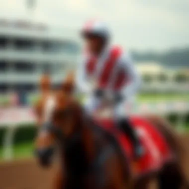 Ethical Jockey on Horse A jockey wearing a helmet and riding a horse on a racetrack, showing a caring approach to the horse's welfare.