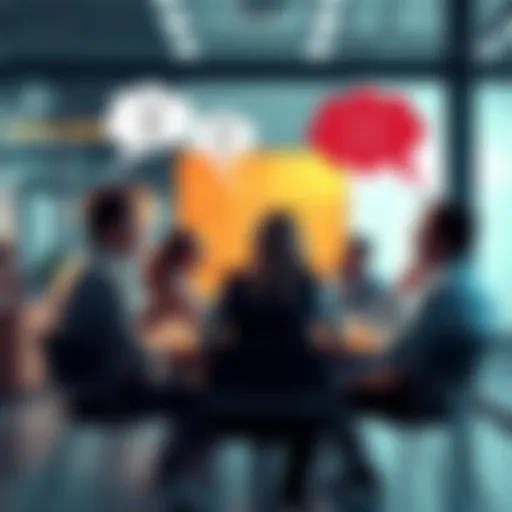 A group of people engaged in a lively discussion about ethics, with thought bubbles showing symbols of right and wrong, in a modern setting.