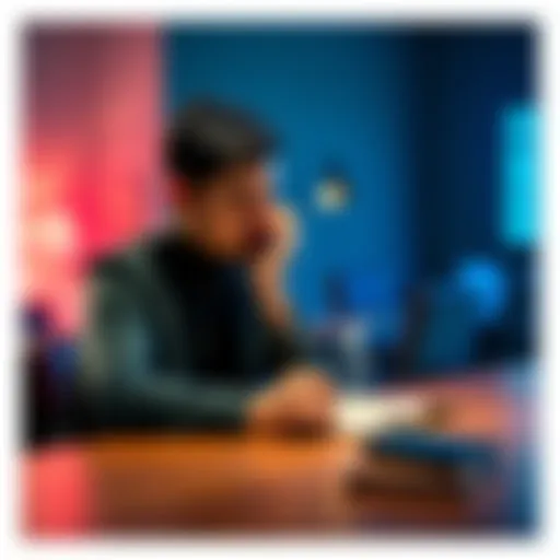 A person sitting at a table with a notebook and pen, contemplating decisions with a thoughtful expression.