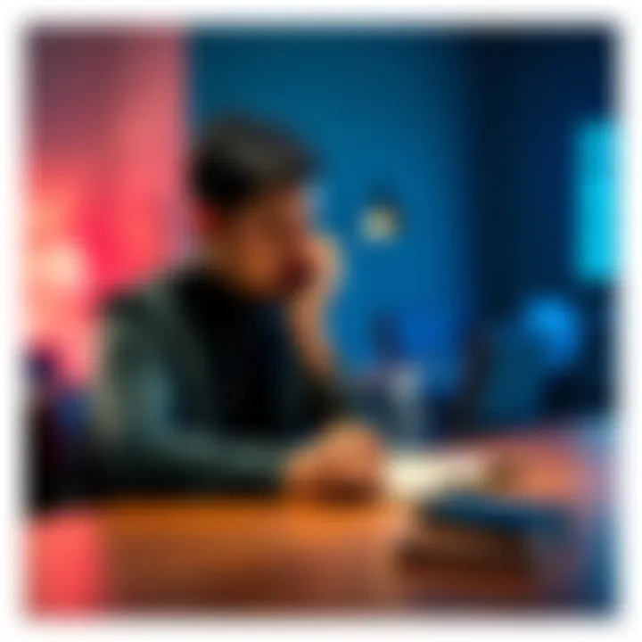 A person sitting at a table with a notebook and pen, contemplating decisions with a thoughtful expression.
