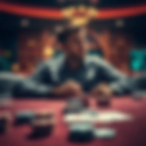 A person contemplating on a gambling table with chips and cards in front, looking thoughtful about their bets