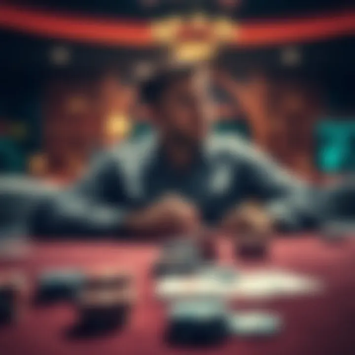 A person contemplating on a gambling table with chips and cards in front, looking thoughtful about their bets