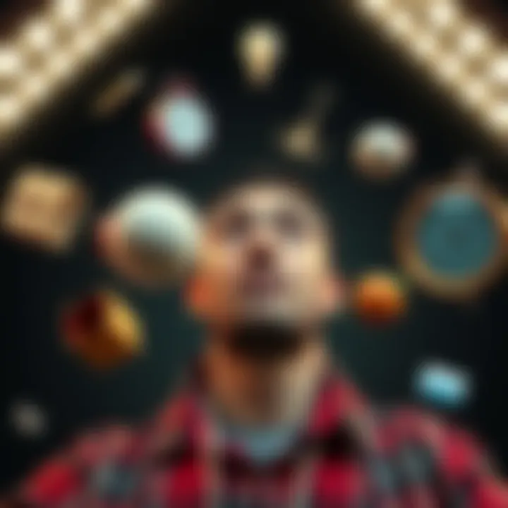 Everyday risks and uncertainties A person looking worried while juggling different objects representing daily tasks and unexpected events